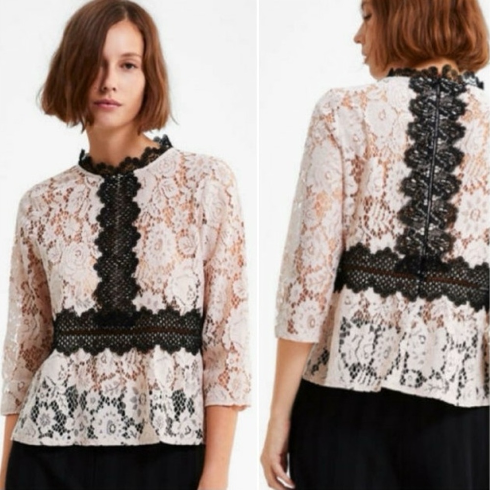 Zara Black and Pink Lace Top Blouse Size M
